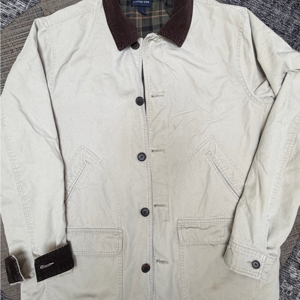Lands’ End Canvas Barn Coat Corduroy Collar Plaid Lined size l
